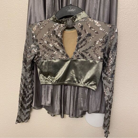 Glamour solo dance costume custom silver gray 2 piece maxi skirt crop top XLC - Picture 3 of 15